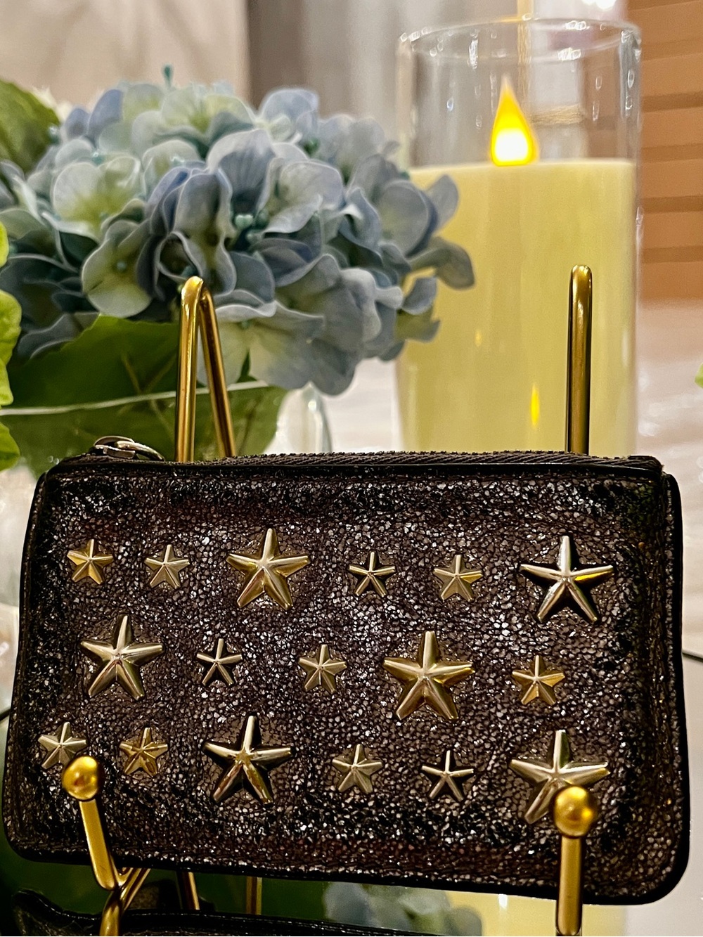 Jimmy Choo Metallic Leather Star Studded Zip Coin Purse Card Case Italy